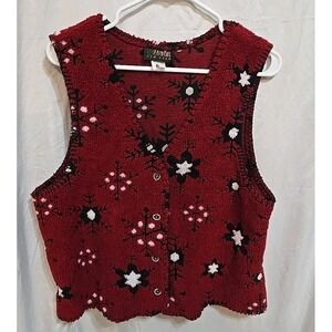 Vintage David Paul Red Snowflake‎ Vest Fleece Size Medium Christmas Holiday